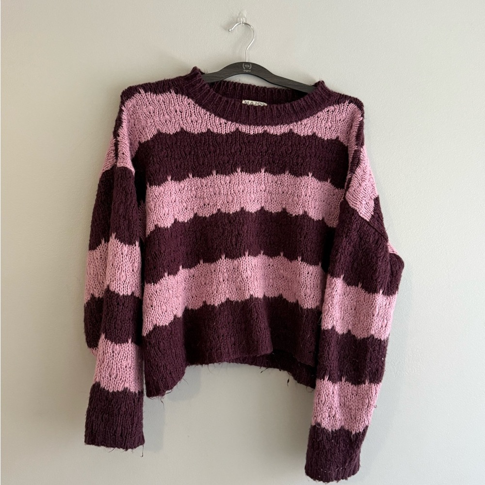 Striped Crewneck Sweater in Pink and Dark Plum